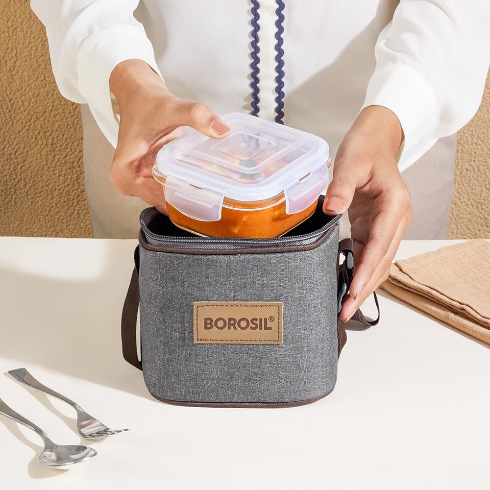 Borosil Pro Borosilicate Glass Lunchbox with Bag | 2 pc Square Container Set (320 ml Each) | Microwave & Dishwasher Safe, Leakproof | Tiffin for Office, School, College | Transparent, Vertical