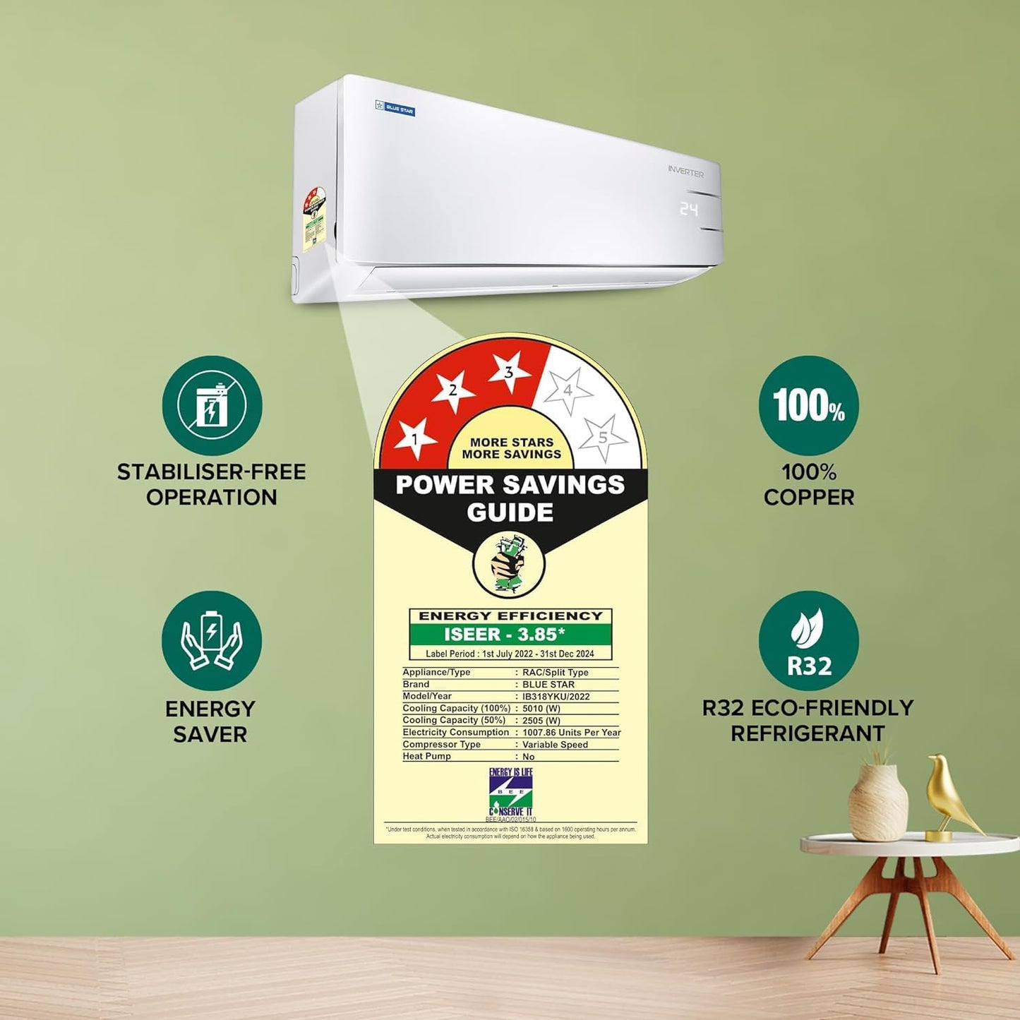 Bluestar 1.5 Ton 3 Star Inverter Split AC (100% Copper, Smart Ready, Energy Saver, Quiet Performance, Turbo Cool, 5-in-1 Convertible, ID318DKU)