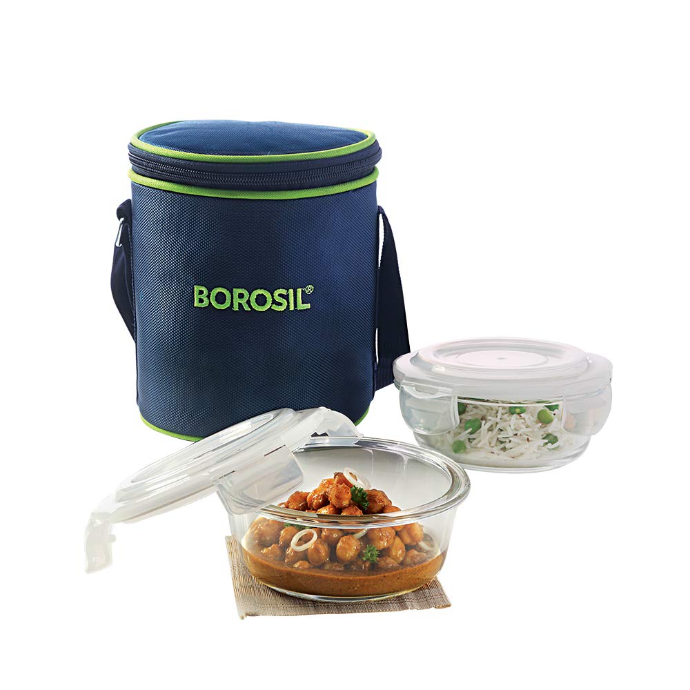 Borosil Klip n Store Lunchbox with Bag | Set of 2 (400ml Each) | Borosilicate Glass, Round, Vertical | Microwave & Dishwasher Safe, Leak Proof | Tiffin for Office, School, College