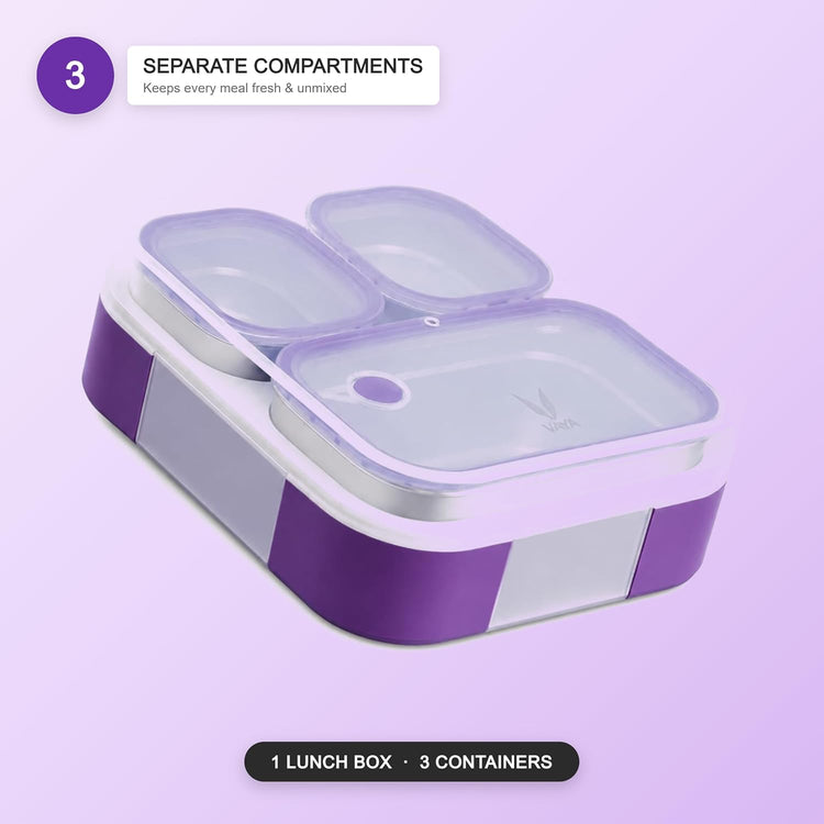 VAYA TYDBYT Stainless Steel Tiffin Box for Men, Kids Girls,1 Large & 2 Small Compartments, Bento Lunch Box, Smart Portions for Balanced Meals, Purple