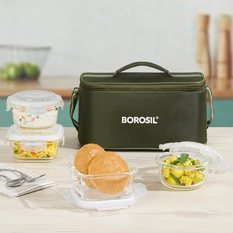 Borosil Eateasy Universal Borosilicate Glass Lunchbox with Bag | Set of 4 (320ml x 2 Square + 240ml x 2 Round) | Microwave & Dishwasher Safe, Leakproof | Tiffin for Office, School | Transparent