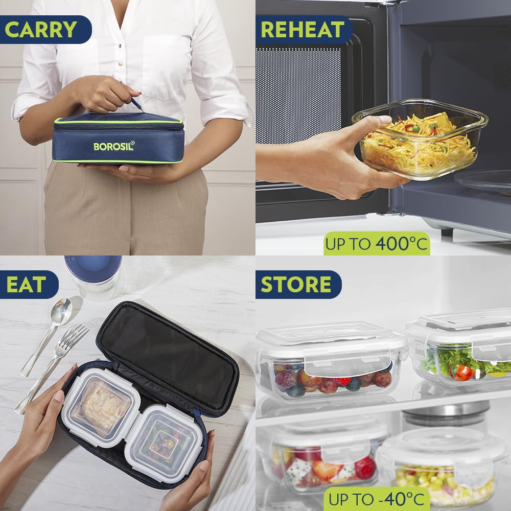Borosil Klip n Store Lunchbox with Bag | Set of 2 Square Container (320ml Each) | Made in India Borosilicate Glass | Microwave & Dishwasher Safe | Tiffin for Office/School/College | Horizontal