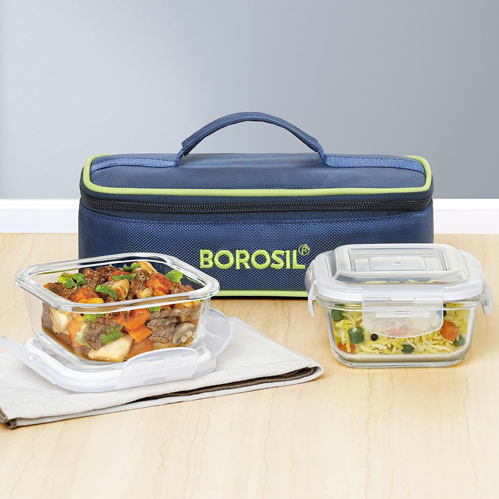 Borosil Klip n Store Lunchbox with Bag | Set of 2 Square Container (320ml Each) | Made in India Borosilicate Glass | Microwave & Dishwasher Safe | Tiffin for Office/School/College | Horizontal