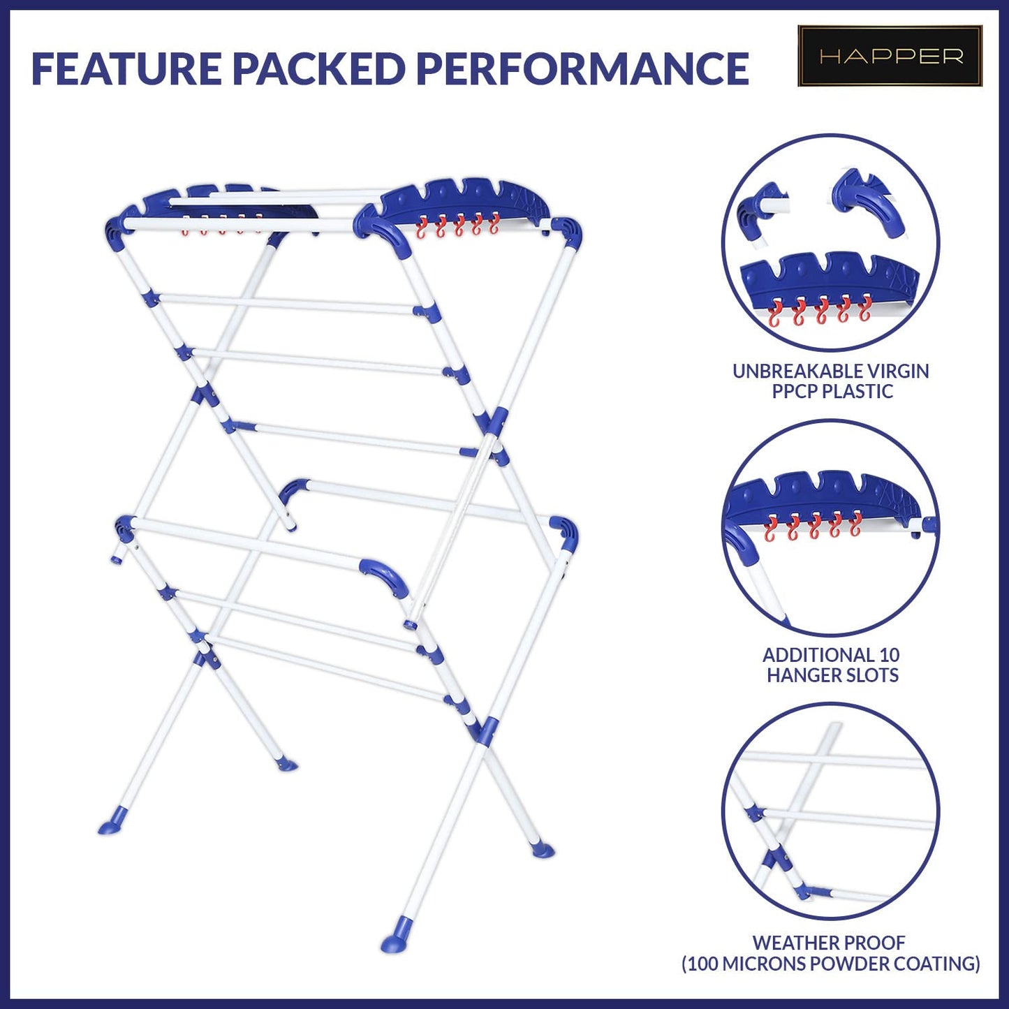 Happer Premium Clothes Stand for Drying with Wheels | Foldable Portable | 2 Layer Rack for Balcony | 13 Hanger Rods and 10 Additional Hooks | Anti Rust Steel Metal (White Blue | Sumo)
