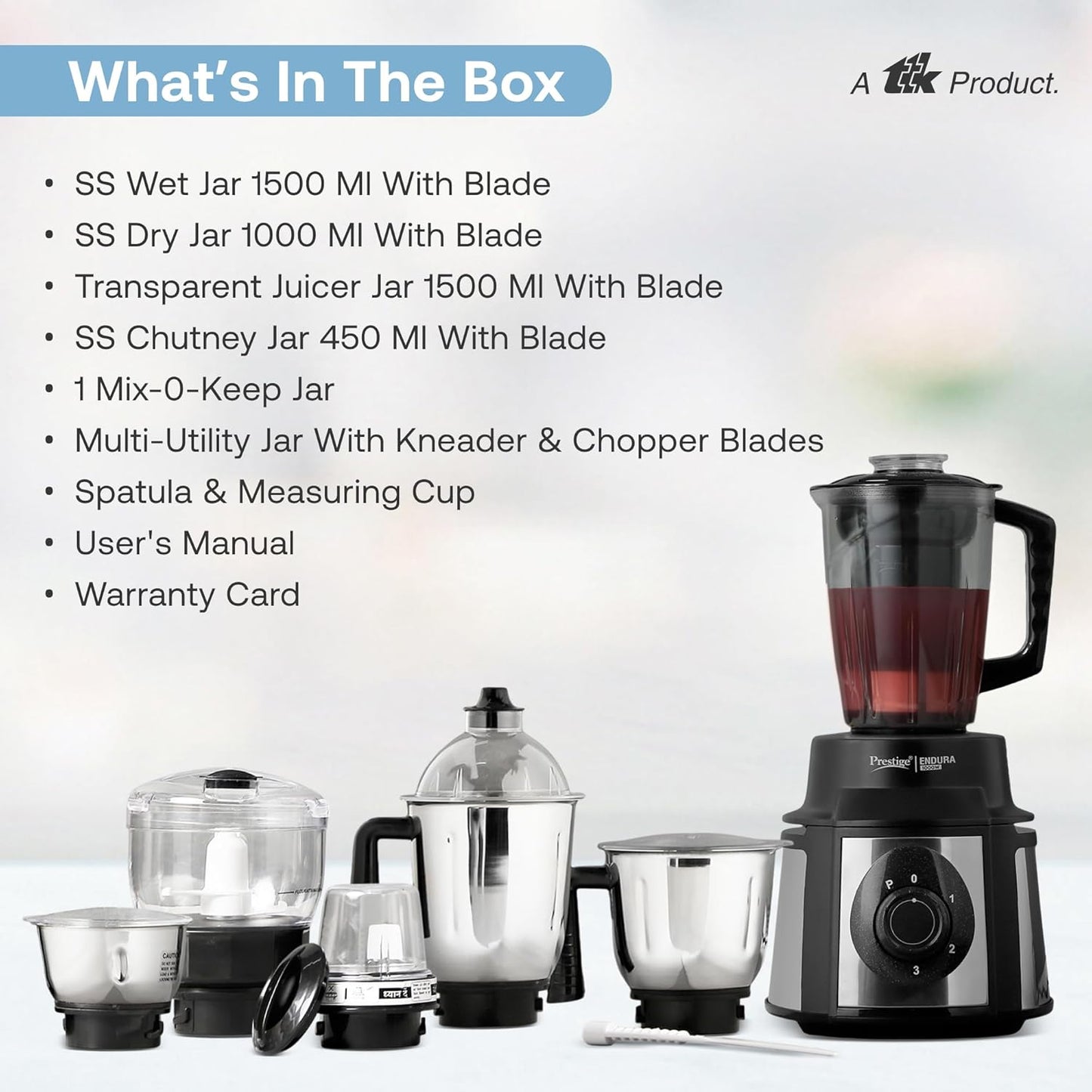 Prestige Endura 1000W Mixer Grinder 6 Jars (Black & Silver)
