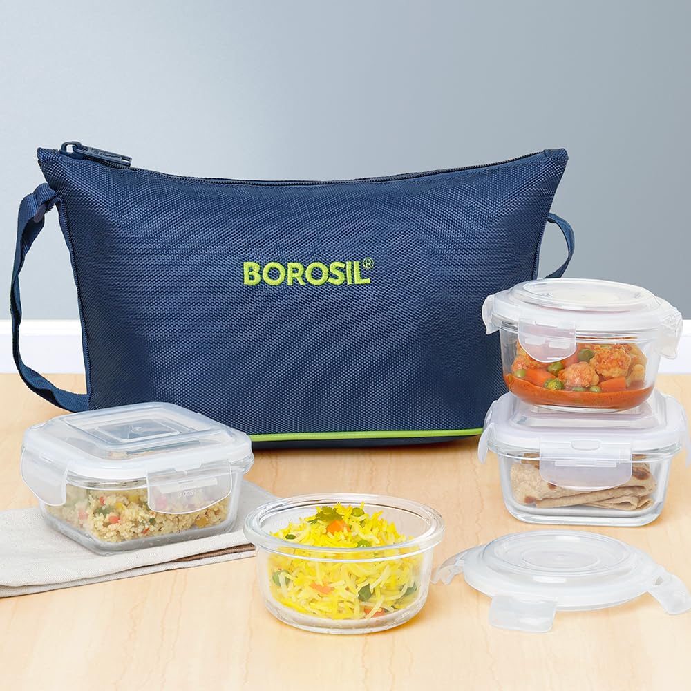 Borosil Glass Daisy Microwave Safe Office Tiffin Lunch Box (Blue, 2 pcs 320 ml Square, 2pcs 240 ml Round) -Set of 4