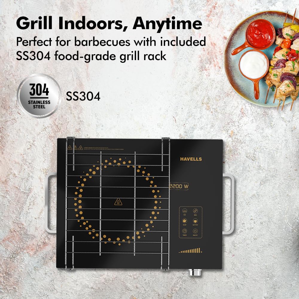 Havells 2200 Watt Infrared Induction Cooktop With Digital Display| Glo TV22-6KV Surge Protection| Sensor Touch| SS304 Food grade grill| 1 Year Door step Warranty By Havells