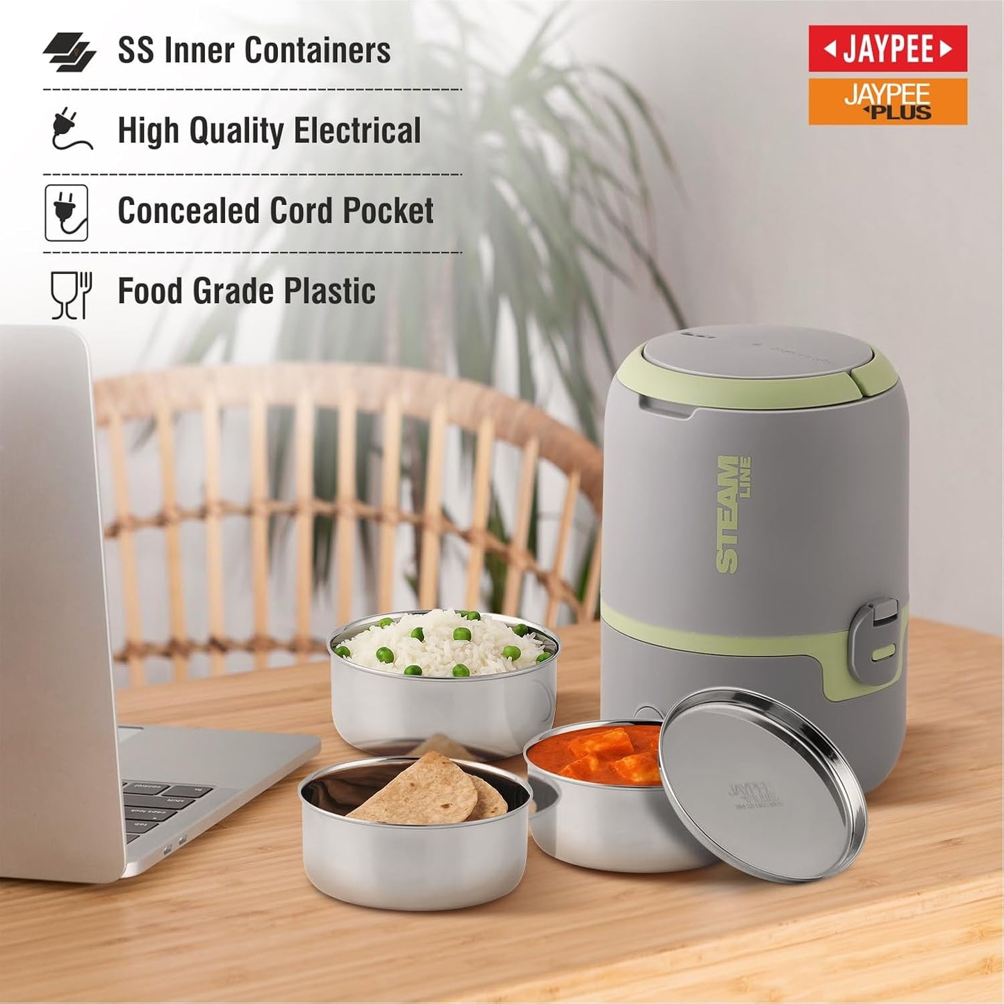 Jaypee Plus Steamline Electric Lunch Box Stainless Steel containers 300X3 ml with Bag, Power Cord & Measuring Cup Lunch Box for Offfice Reheat Food in 15 Minute Auto Cut steam Technology,Grey Green