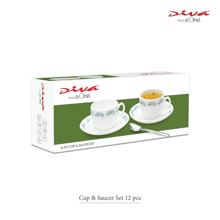 La Opala Diva, Opal Glass Crockery | Cup & Saucer Iris Regular, Set of 12 | Plain White, 160 ml | for Tea & Coffee | Microwave Safe | 100% Vegetarian | Extra Strong | Super Light | Super White
