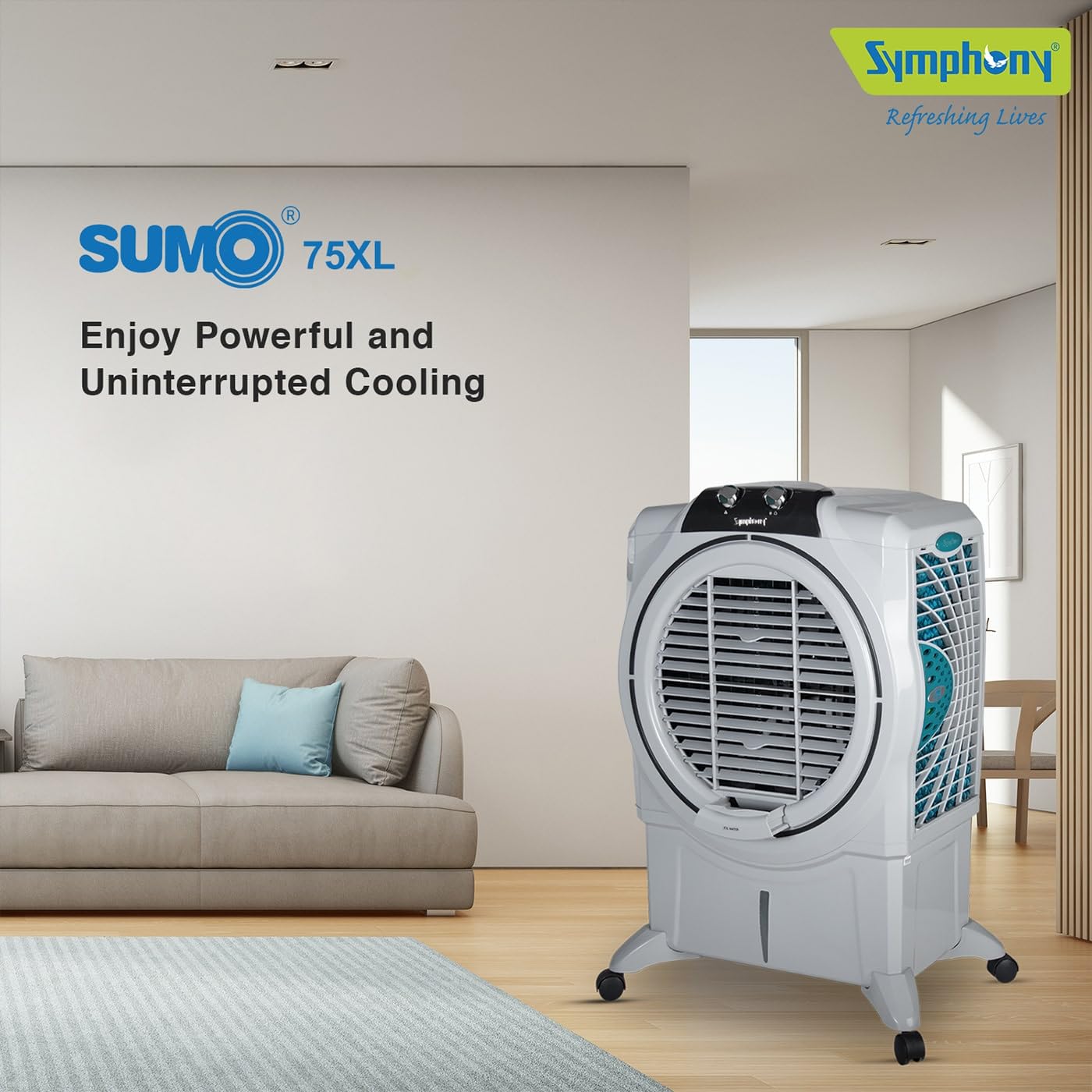 Symphony Sumo 75 XL Desert Air Cooler For Home with Honeycomb Pads, Powerful +Air Fan, i-Pure Console and Low Power Consumption (75L, Grey)