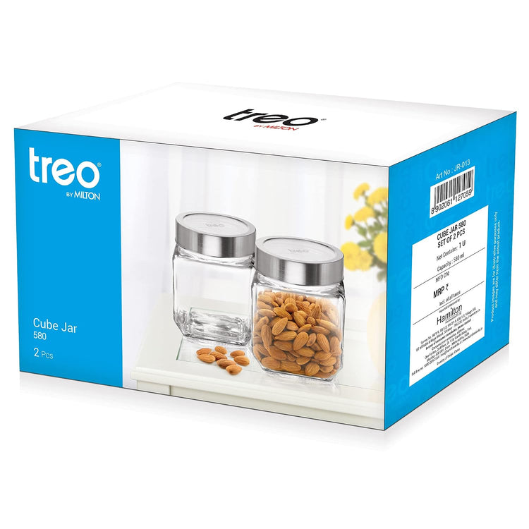 Treo by Milton Cube Storage Containers, Set of 2, Glass Jar with Air Tight Steel Lid, 580 ml each, Transparent Jars for Snacks, Pulses, Masala, Pickles, Cereals, Cookies, Dry Food