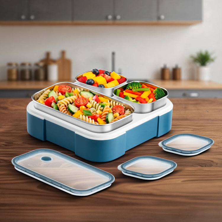 VAYA TYDBYT Stainless Steel Tiffin Box for Men, Kids Girls,1 Large & 2 Small Compartments, Bento Lunch Box, Smart Portions for Balanced Meals, Blue