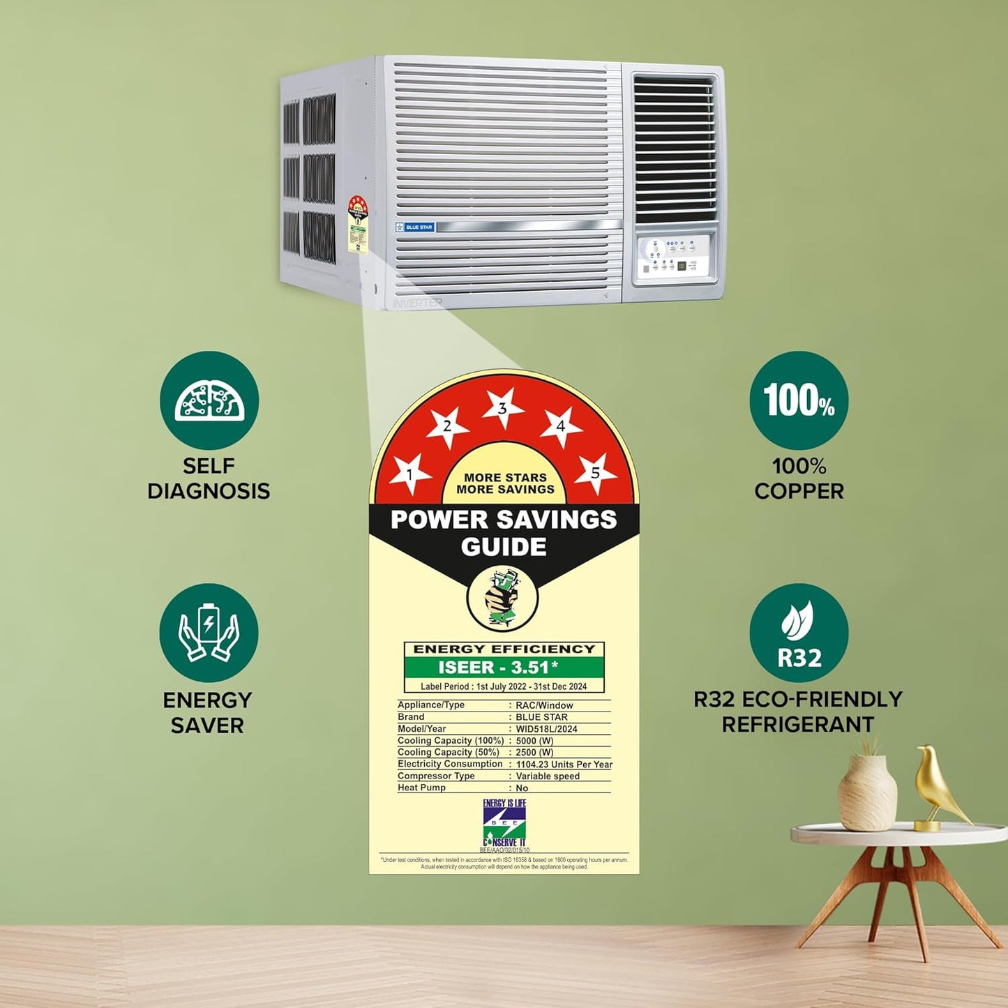 Bluestar 1.5 Ton 5 Star Inverter Window AC (Copper, Turbo Cool, Fan Modes-Auto/High/Medium/Low, Hydrophilic Blue Fins, Dust Filters, Self-Diagnosis, 2024 Model, WID518L, White)