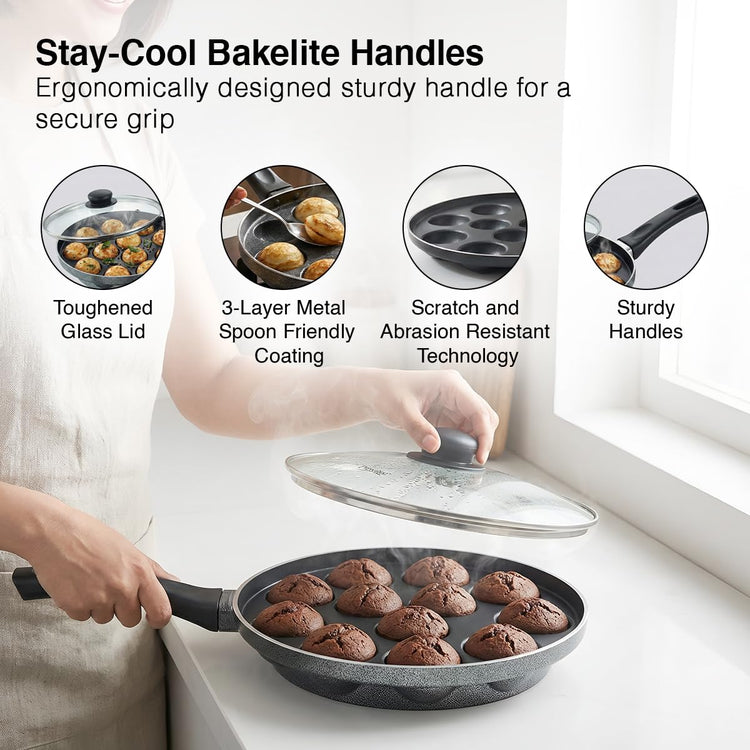 Prestige Non-Stick 12 Pits Paniyarakkal 24cm with Glass Lid | Appe Patra | Appe Maker | Omega Select Plus | PFOA Free | Metal Spoon Friendly | Sturdy Handle | 1Y Warranty | ISI Certified