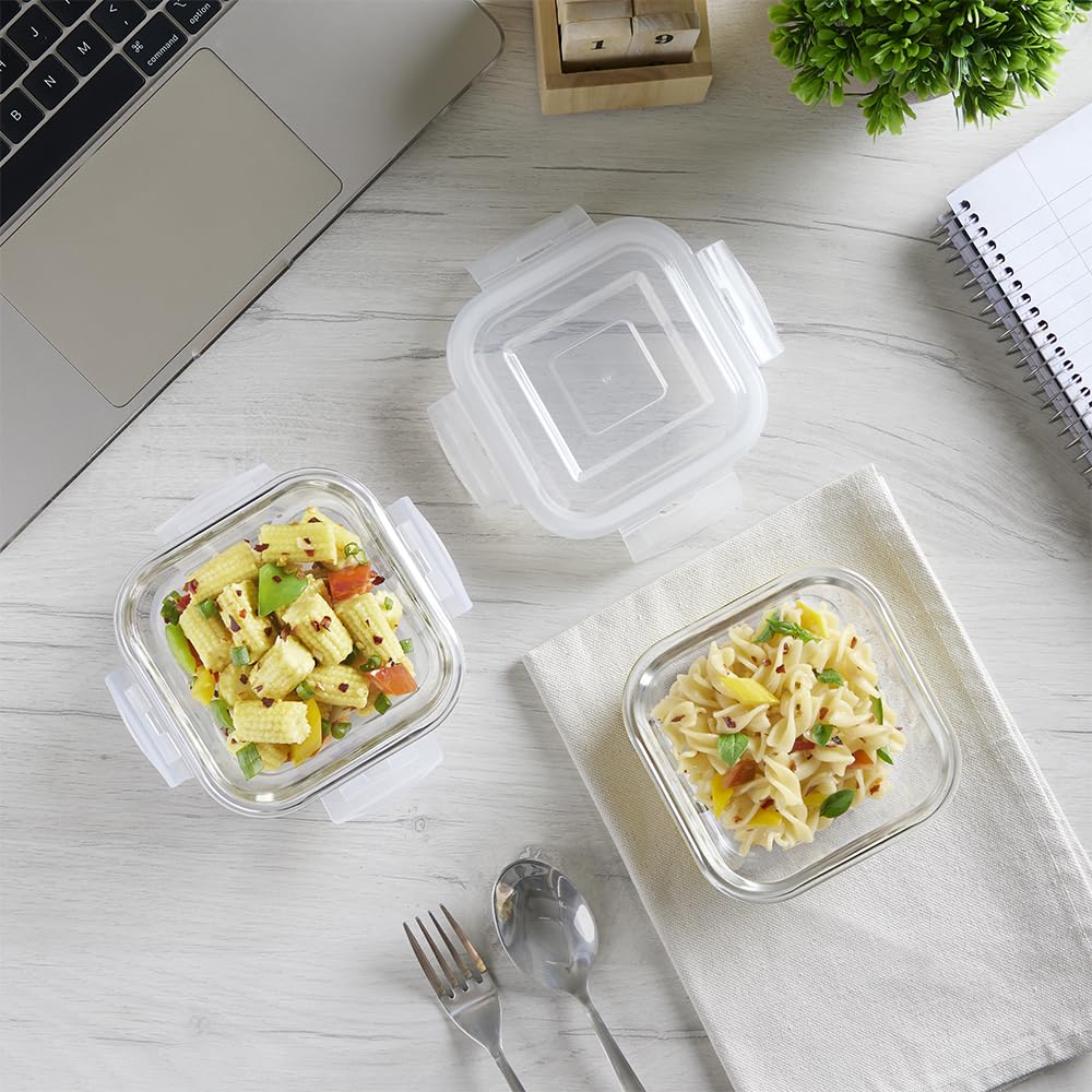 Borosil Klip n Store Lunchbox with Bag | Set of 2 Square Container (320ml Each) | Made in India Borosilicate Glass | Microwave & Dishwasher Safe | Tiffin for Office/School/College | Horizontal