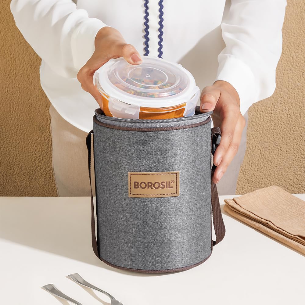 Borosil Pro Borosilicate Glass Lunchbox with Bag | 3 pc Round Container Set (400 ml Each) | Microwave & Dishwasher Safe, Leakproof | Tiffin for Office, School, College | Transparent