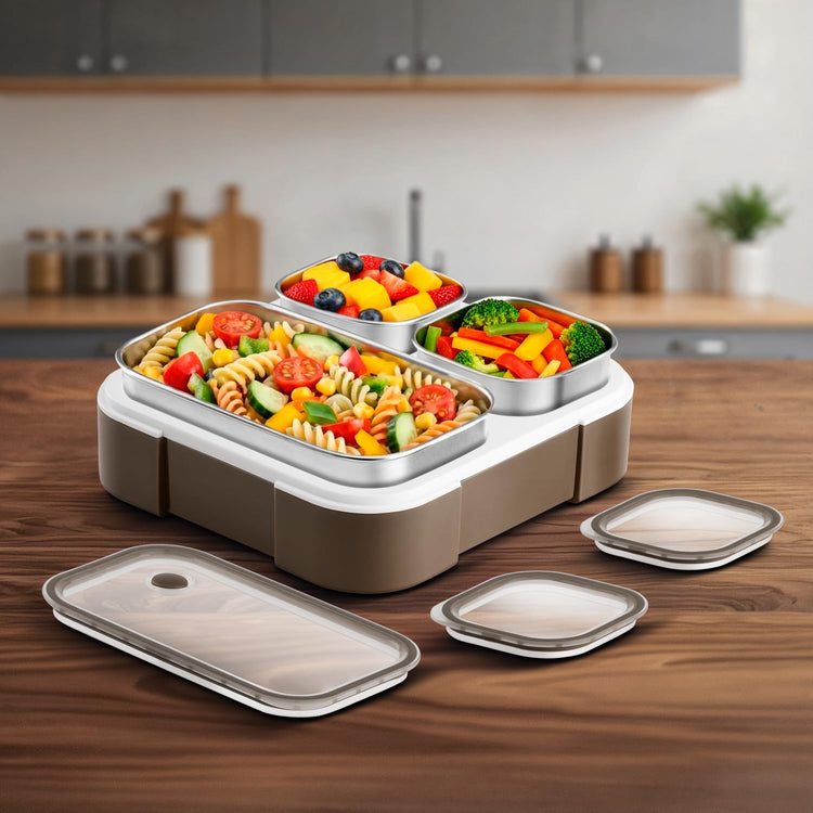 VAYA Stainless Steel Tiffin Box for Men, Kids Girls,1 Large & 2 Small Compartments, Bento Lunch Box, Smart Portions for Balanced Meals, Brown