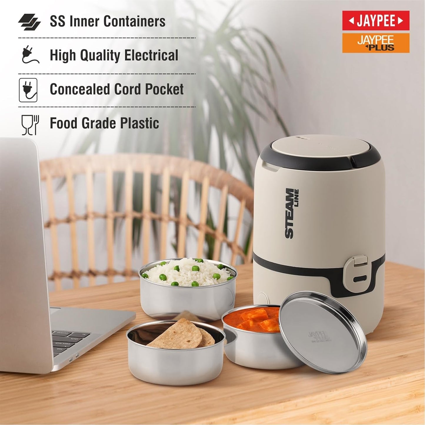 Jaypee Plus Steamline Electric Lunch Box Stainless Steel containers 300X3 ml with Bag, Power Cord & Measuring Cup Lunch Box for Offfice Reheat Food in 15 Minute Auto Cut steam Technology,Beige