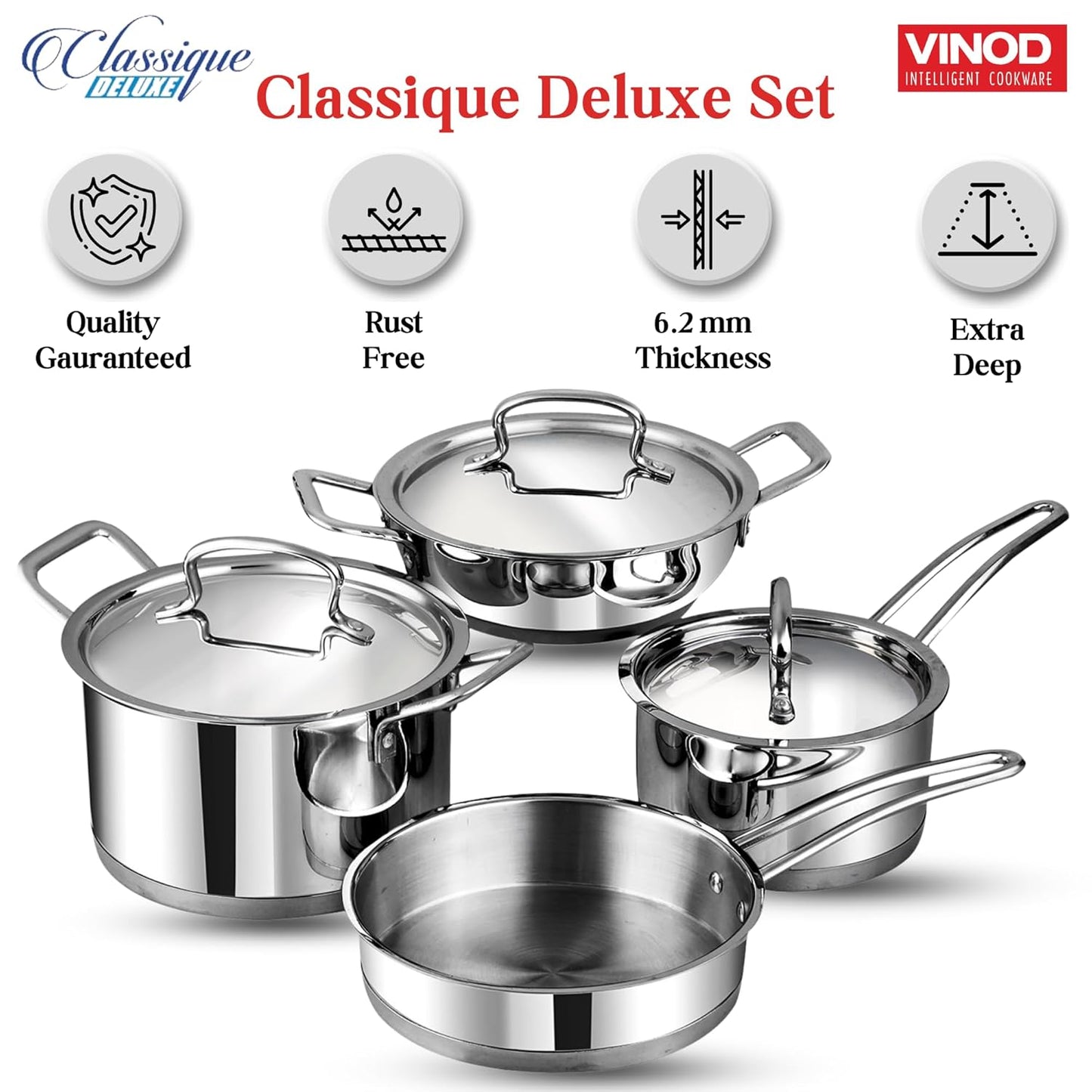 Vinod Classique Deluxe Stainless Steel Cookware Set of 4 pcs/Saucepan, Saucepot, Kadai and Frypan/Steel Utensils Cooking Set for Kitchen, Heavy Induction Bottom - 2 Year Warranty