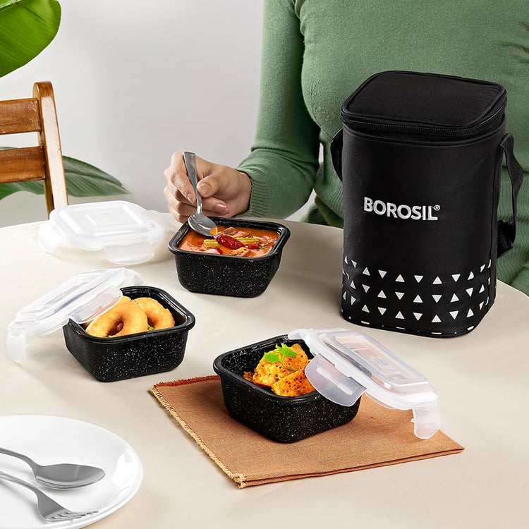Borosil Kube Black Borosilicate Glass Lunchbox with Bag | 3 pc Square Container Set (320 ml Each) | Microwave & Dishwasher Safe, Leakproof | Tiffin for Office, School, College