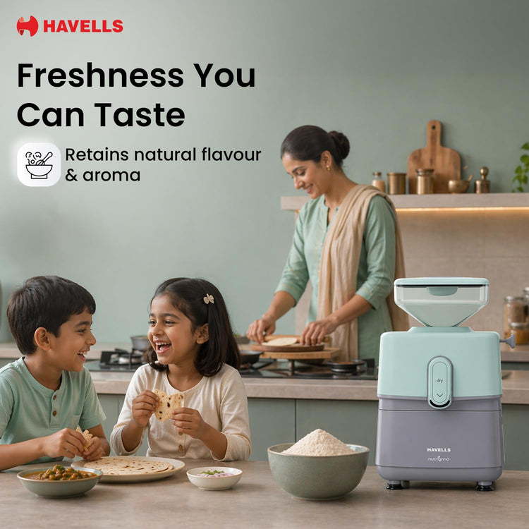 Havells Nutri Grind Atta Mill| 400W High Torque Induction Motor | 1400 RPM Slow Speed Grinding | Quality Coarse Stones | 2 Yr Manufacturer Warranty| Grey & Pista Green