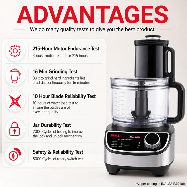 INALSA food processor for kitchen with Mixer Grinder Juicer|1200 Watt Copper Motor|3 Jars|2.5 L Processing Jar|Chopping & Kneading Blade|Centrifugal/Citrus Juicer|Shredding|Slicing-INOX 1200