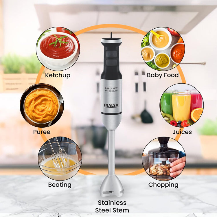 INALSA Hand Blender Mixer|1700W Copper Motor|Chopper,Dough Maker,Whisker & Jar Attachment|Low Noise|20 Speed Control & Turbo Function|BPA Free|Anti-Splash|2 Yr Warranty,Robot Inox 1700 Mix N Blend
