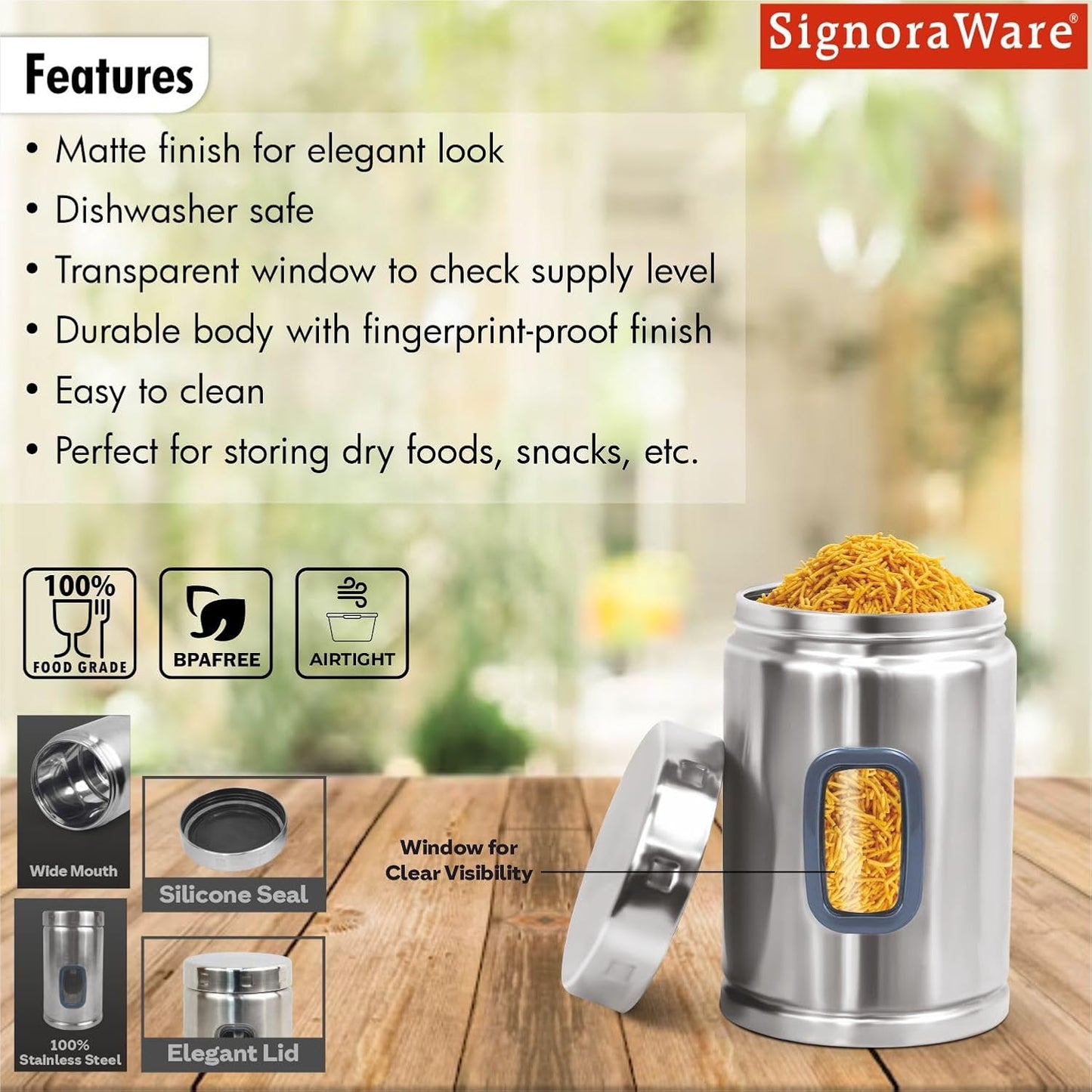 Signoraware 1650ML Modular Stainless Steel Deluxe Window Round Container | Airtight & Leakproof | Durable | Kitchen & Pantry Storage | Space Saving | Ideal for Dry Fruits & Snacks Storage (Steel)