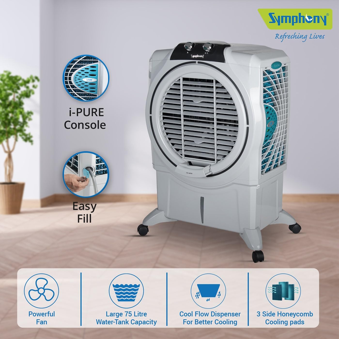 Symphony Sumo 75 XL Desert Air Cooler For Home with Honeycomb Pads, Powerful +Air Fan, i-Pure Console and Low Power Consumption (75L, Grey)