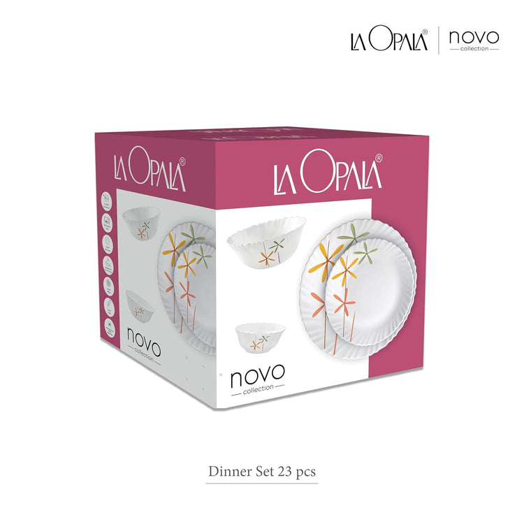 La Opala Novo Collection Opal Glass Crockery | for Family of 6 | Dinner Set 23 pcs English Lavender | Plates & Bowls for Dining | Microwave Safe | 100% Vegetarian | Extra Strong | Light & White