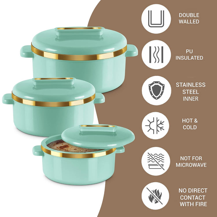 MILTON Curve Inner Stainless Steel Casserole Set of 3 (840 ml, 1300 ml, 1880 ml), Light Green | BPA Free | Food Grade | Easy to Carry | Easy to Store | Chapati | Roti | Curd Maker
