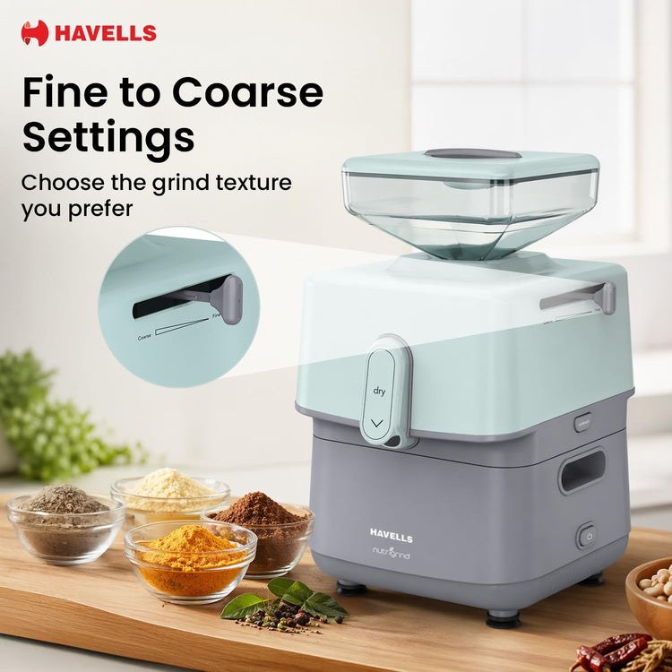 Havells Nutri Grind Atta Mill| 400W High Torque Induction Motor | 1400 RPM Slow Speed Grinding | Quality Coarse Stones | 2 Yr Manufacturer Warranty| Grey & Pista Green