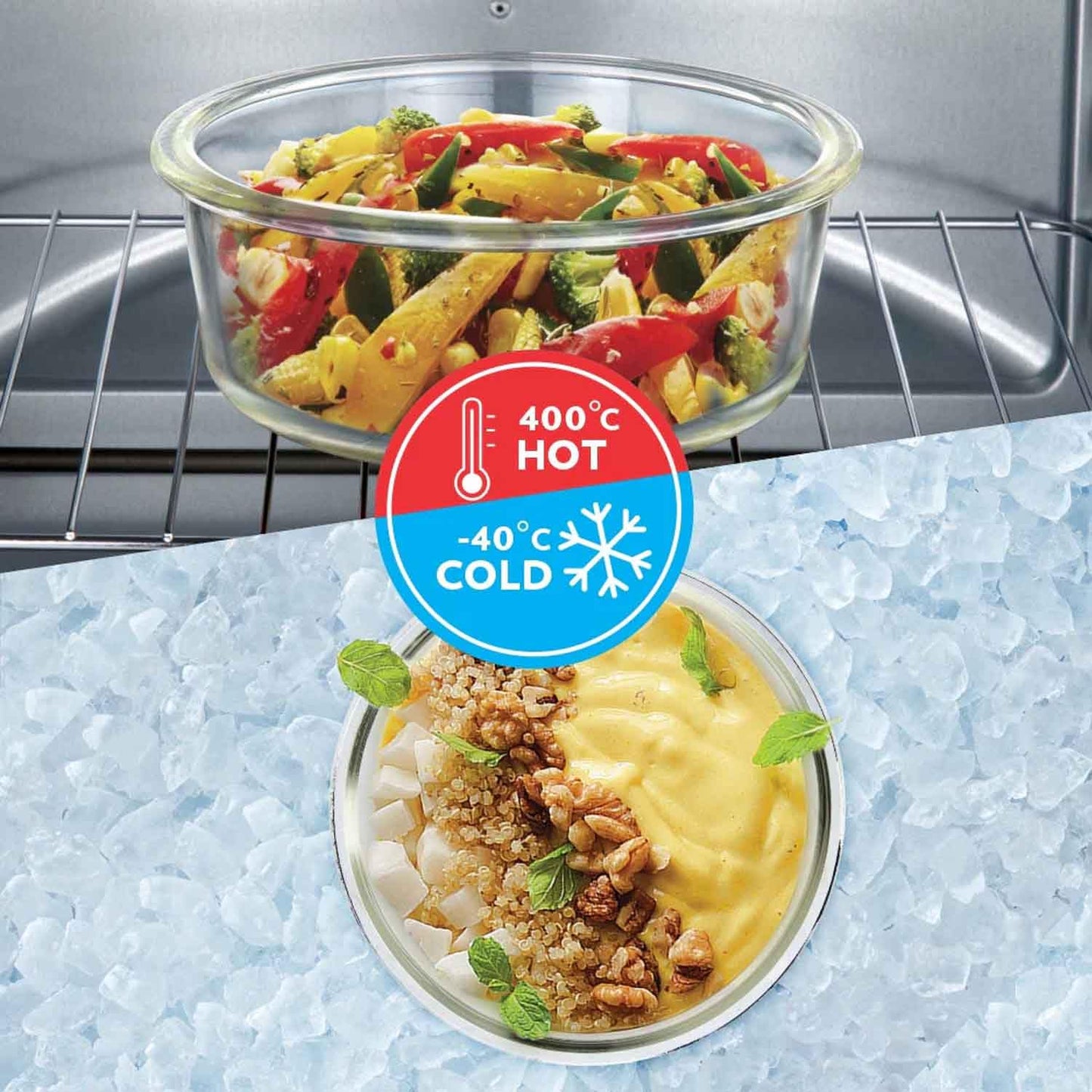 Borosil Klip N Store Glass Storage Container For Kitchen With Air-Tight Lid, Microwave & Oven Safe, Round, 400 ml, Clear