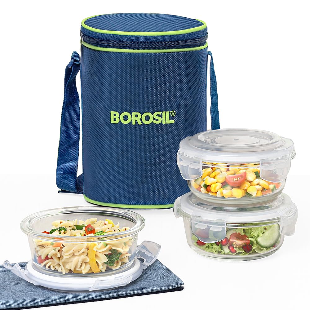 Borosil Klip n Store Lunchbox with Bag | 3pc Round Container Set (400 ml Each) | Made in India Borosilicate Glass | Microwave & Dishwasher Safe | Tiffin for Office, School, College | Vertical
