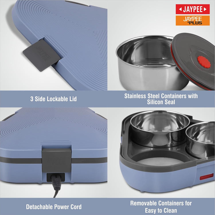 Jaypee Plus Tripot Electric Lunch Box with 3 Removable Stainless Steel Containers 250 ml x3 with Power Cord |Air Vent on Lid |Leakproof Silicon Seal|LED Indicator |Shockproof | Blue