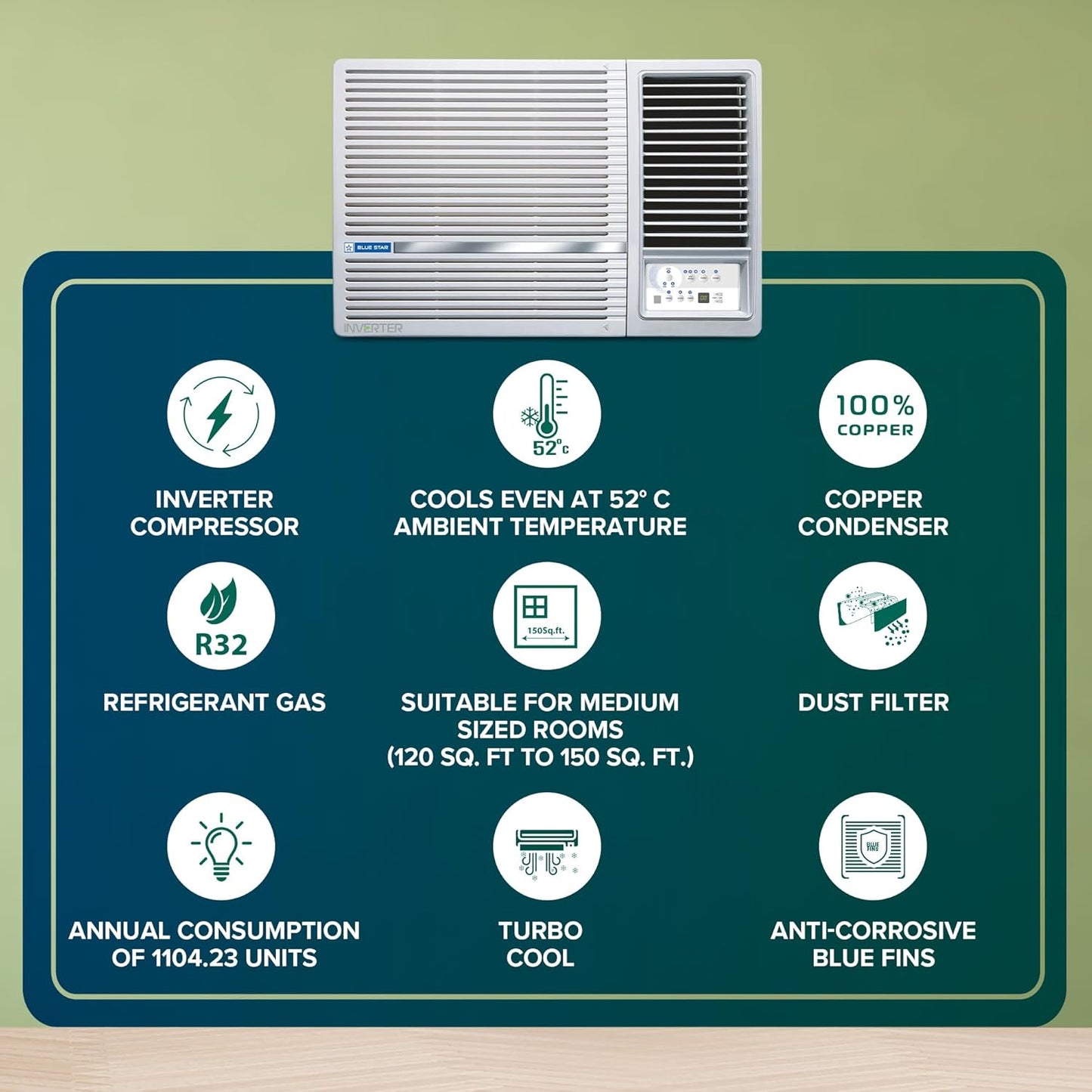 Bluestar 1.5 Ton 5 Star Inverter Window AC (Copper, Turbo Cool, Fan Modes-Auto/High/Medium/Low, Hydrophilic Blue Fins, Dust Filters, Self-Diagnosis, 2024 Model, WID518L, White)