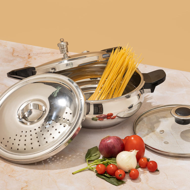 Vinod Magic Stainless Steel Smart 3 in 1 Pressure Cooker 3.5 Litre | 5mm Thick Base | All in One Cooker with Strainer & Glass Lid | Induction and Gas Base | ISI certified | 2 Years Warranty