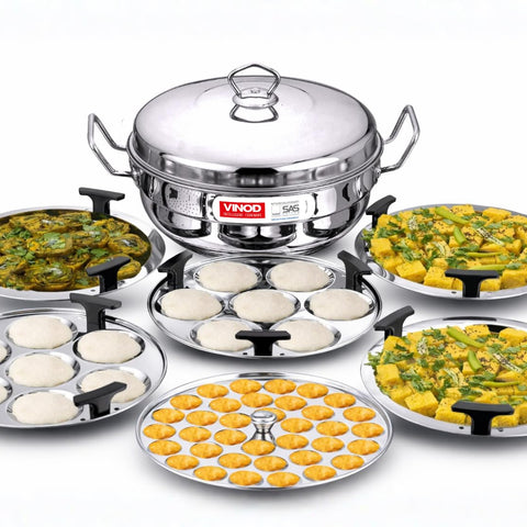 Vinod Stainless Steel Deluxe Multi Kadai with 6 Plates - 26cm, 2 Idli, 2 Dhokla,1 Patra and 1 Mini Idli Plate | Dhokla and Momos Steamer, Maker,Induction Friendly, 3.8 litres