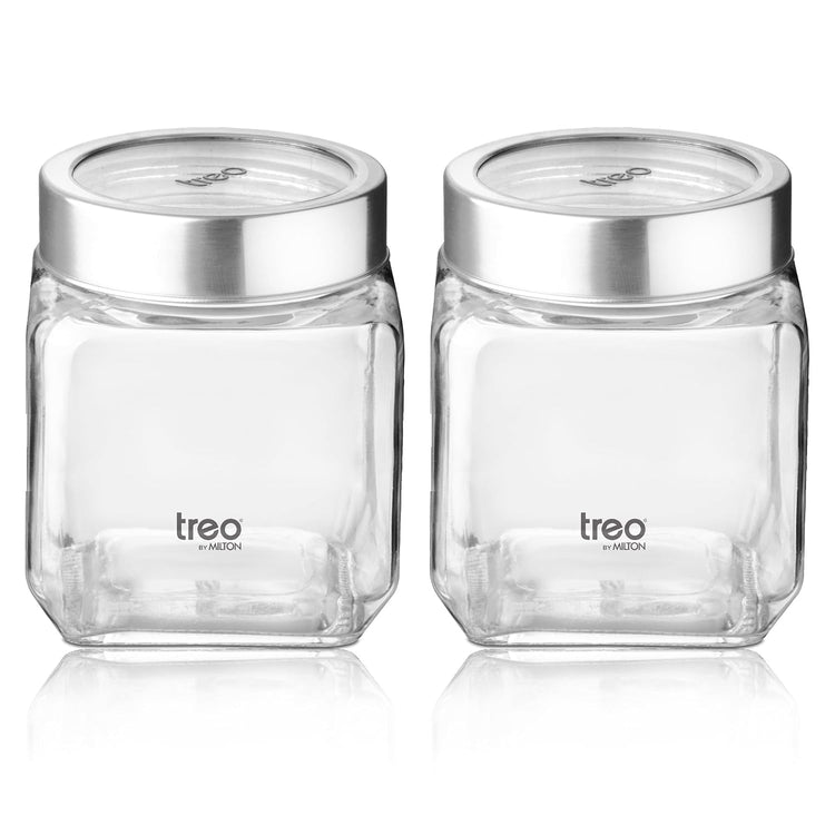 Treo by Milton Cube Storage Containers, Set of 2, Glass Jar with Air Tight Steel Lid, 580 ml each, Transparent Jars for Snacks, Pulses, Masala, Pickles, Cereals, Cookies, Dry Food