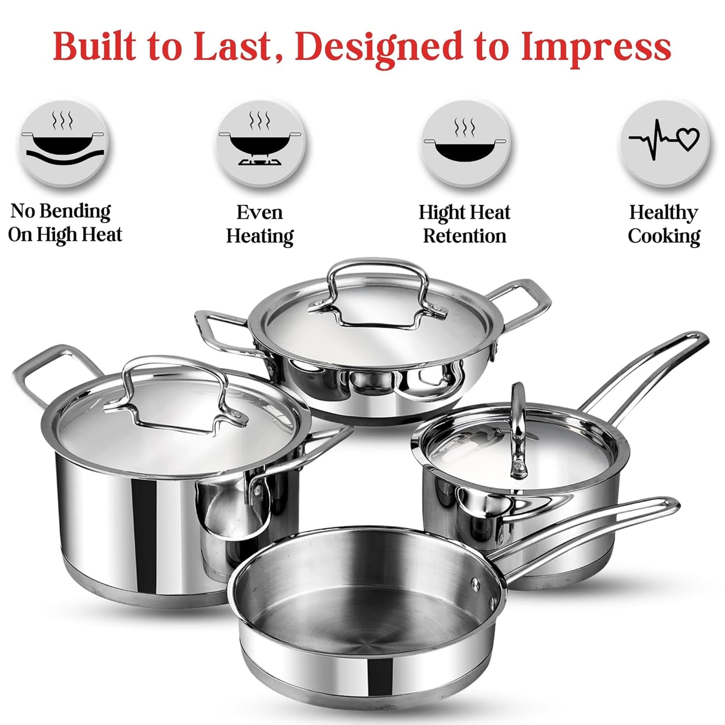 Vinod Classique Deluxe Stainless Steel Cookware Set of 4 pcs/Saucepan, Saucepot, Kadai and Frypan/Steel Utensils Cooking Set for Kitchen, Heavy Induction Bottom - 2 Year Warranty