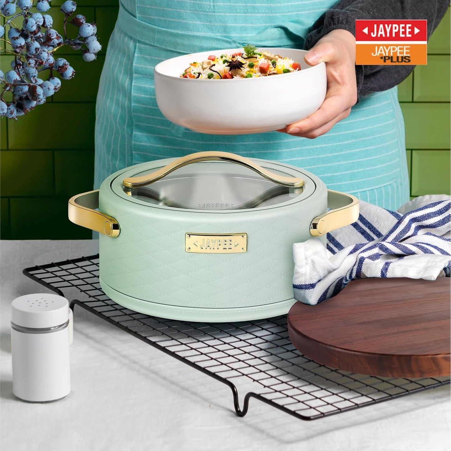 JAYPEE Luxura Klass Set Inner Steel Serving Casserole Set of 3 Toughened Glass Lid Advanced PU Insulated 100% Food Grade Lockable Hot Box Easy to Keep Roti, Pulao & More|1500, 2000, 2500 ml,Green