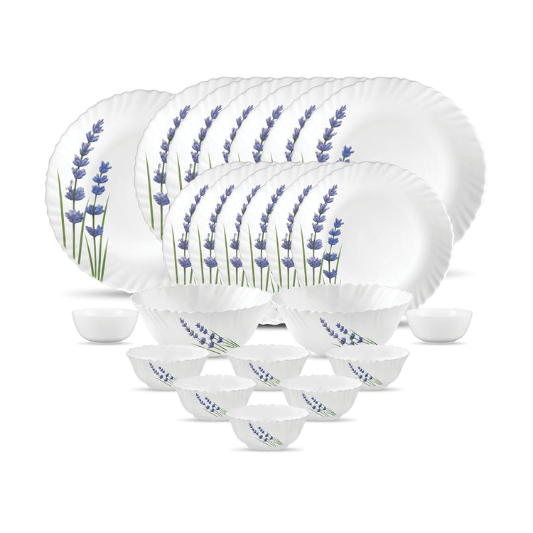 La Opala Novo Collection Opal Glass Crockery | for Family of 6 | Dinner Set 23 pcs English Lavender | Plates & Bowls for Dining | Microwave Safe | 100% Vegetarian | Extra Strong | Light & White