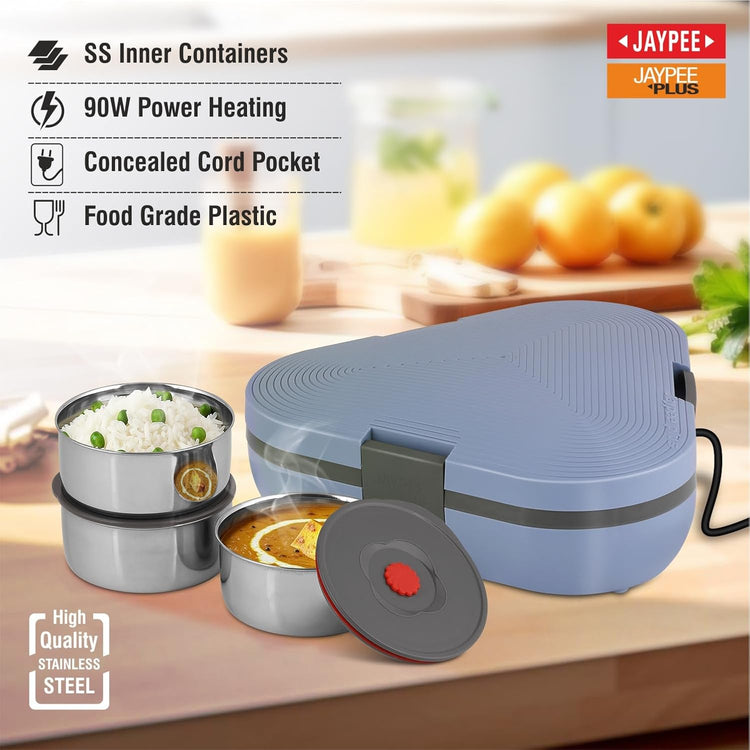 Jaypee Plus Tripot Electric Lunch Box with 3 Removable Stainless Steel Containers 250 ml x3 with Power Cord |Air Vent on Lid |Leakproof Silicon Seal|LED Indicator |Shockproof | Blue