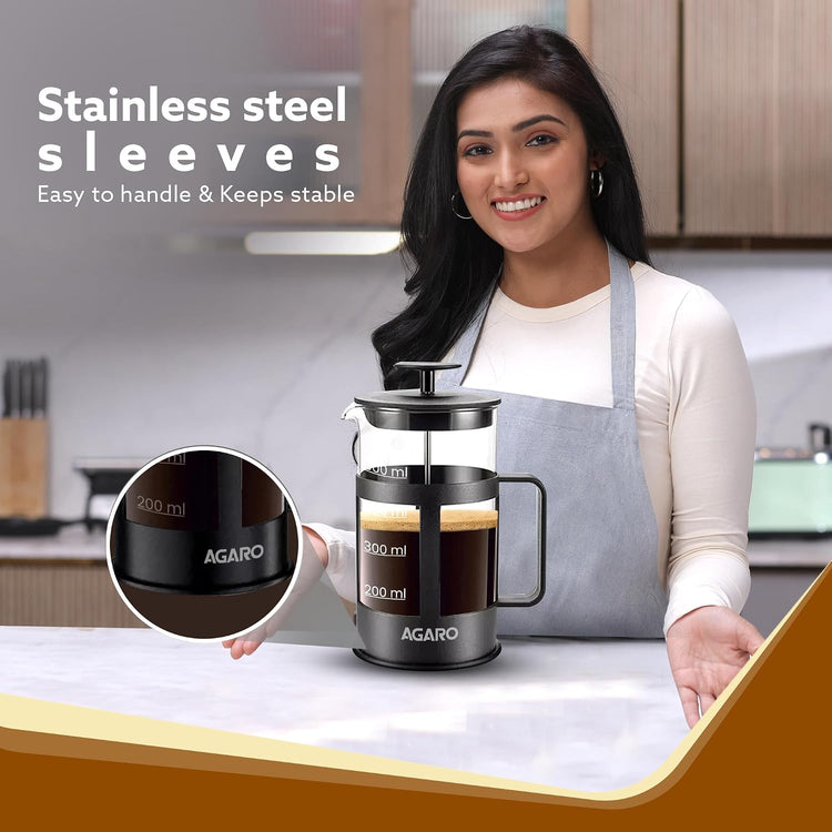 AGARO Delite French Press Coffee And Tea Maker, Borosilicate Glass Body With Sleeves, Glass Carafe, BPA Free Plastic Lid Strainer, 600Ml