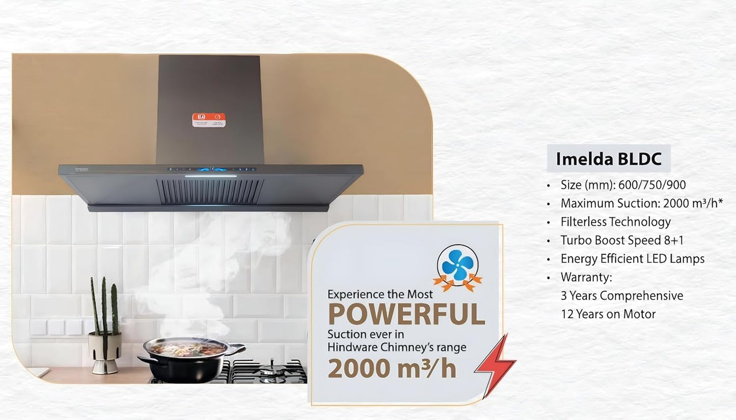 Hindware Imelda Autoclean 60 | Powerful Suction: 2000 m3/h* | Filterless | BLDC Motor | Turbo Mode+9 Speed | Thermal Auto Clean Wall Mounted 60cm Chimney (Grey)
