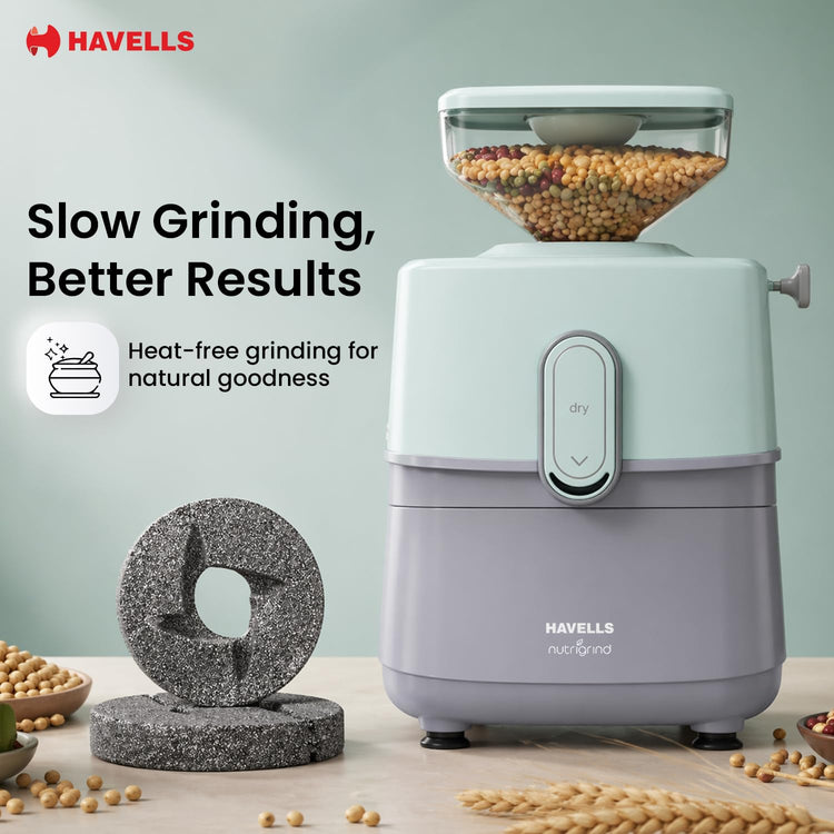 Havells Nutri Grind Atta Mill| 400W High Torque Induction Motor | 1400 RPM Slow Speed Grinding | Quality Coarse Stones | 2 Yr Manufacturer Warranty| Grey & Pista Green