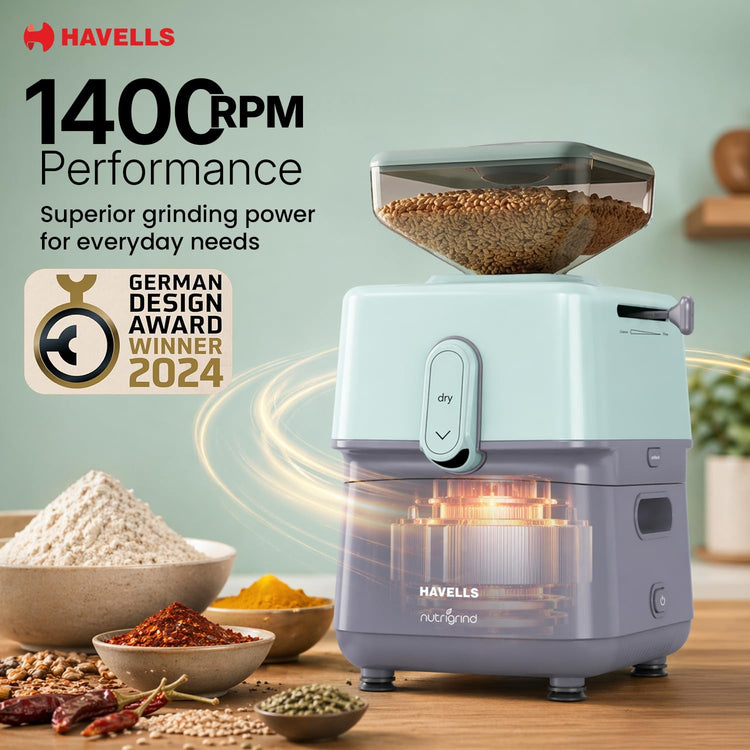 Havells Nutri Grind Atta Mill| 400W High Torque Induction Motor | 1400 RPM Slow Speed Grinding | Quality Coarse Stones | 2 Yr Manufacturer Warranty| Grey & Pista Green