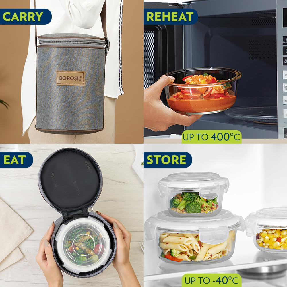 Borosil Pro Borosilicate Glass Lunchbox with Bag | 3 pc Round Container Set (400 ml Each) | Microwave & Dishwasher Safe, Leakproof | Tiffin for Office, School, College | Transparent