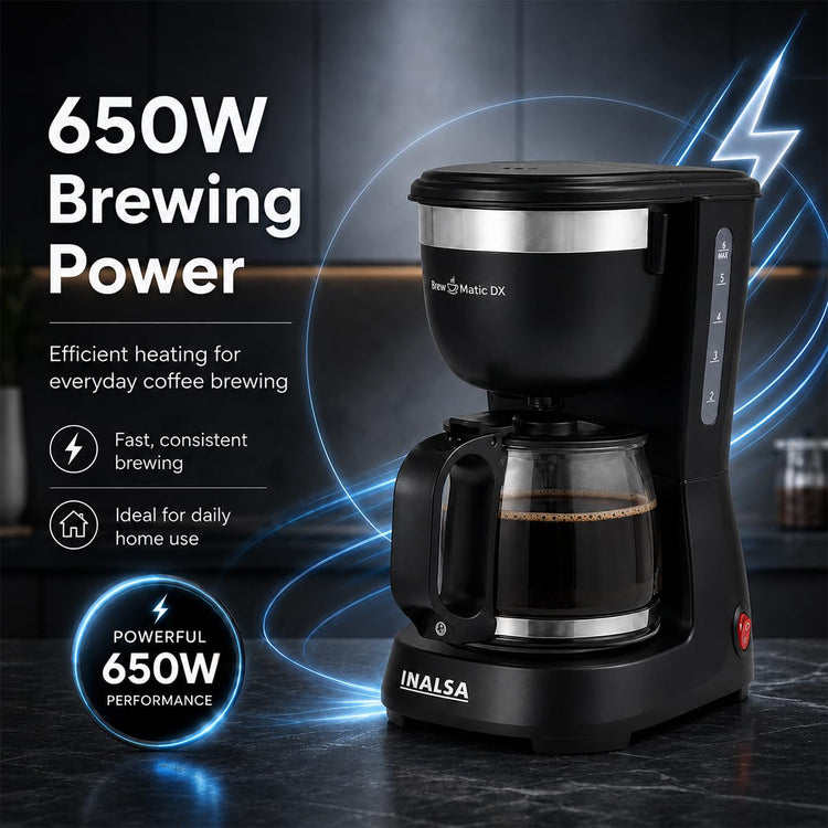 INALSA 6 Cups 650-Watt Coffee Maker with Anti Drip & Keep Warm Function|Overheat Protection|See Through 680 ML Carafe|630 ML Water Tank Capacity|Reusable Coffee Filter(Brew Matic DX)