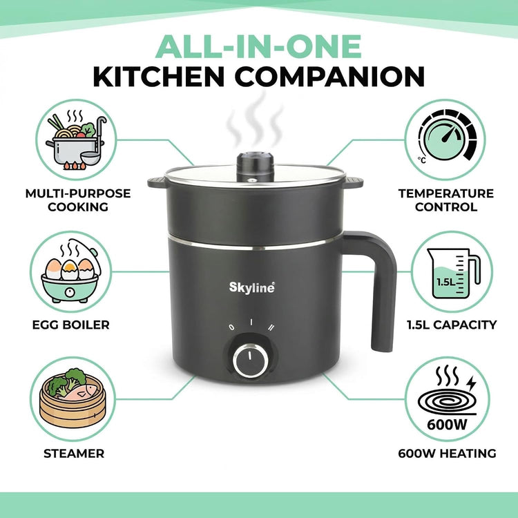 Skyline Multi-Purpose Electric Kettle with Steamer and Egg Boiler, 1.5L, 600W, Temperature Control, VTL-9091 (Black)